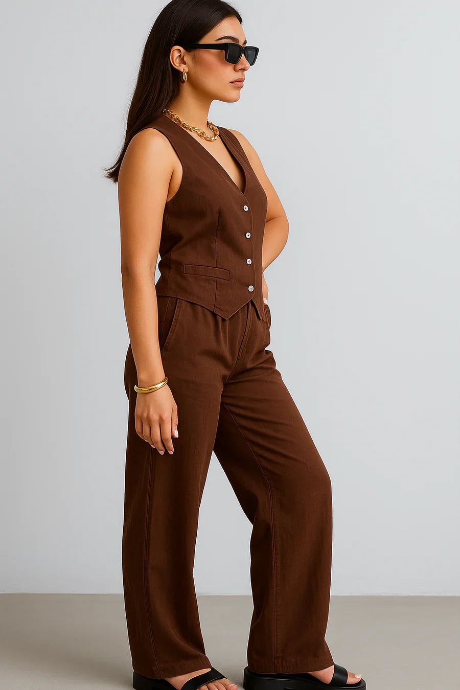Alia Bhat Muse Chocolate Co-Linen Vest Coat & Trousers