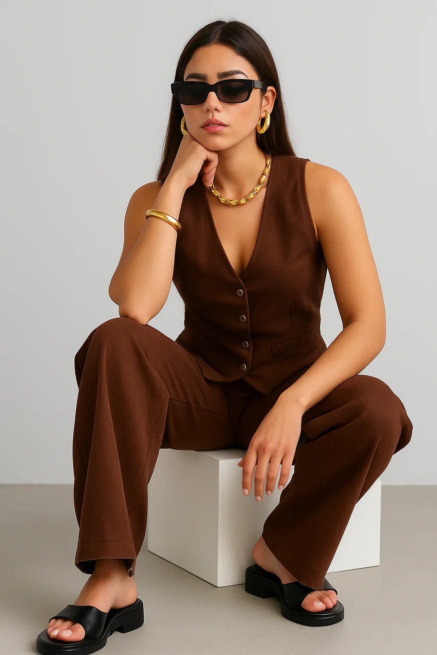Alia Bhat Muse Chocolate Co-Linen Vest Coat & Trousers