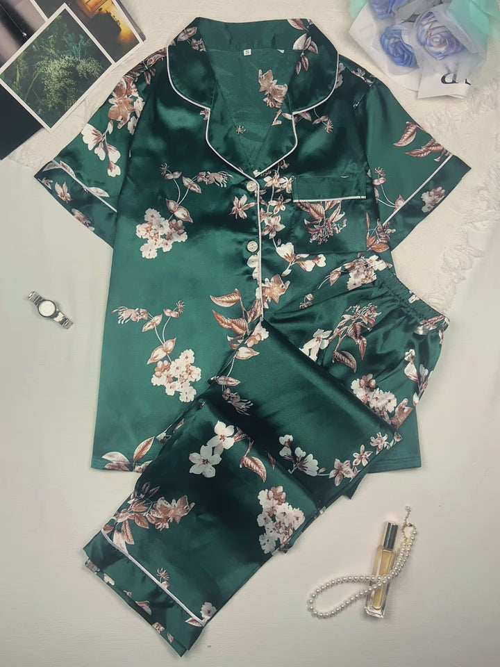 Women's Navy Floral Satin Pajamas - Soft, True-to-Size Fit & All-Season Wear