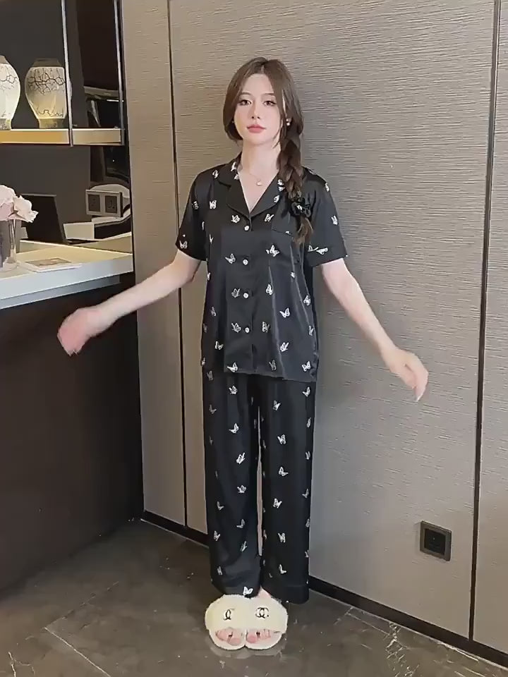 Women's French-Style Butterfly Print Fall Pajama Set - Short Sleeve Top & Long Pants
