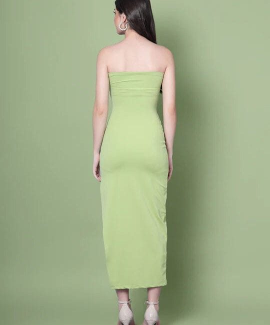 Olive Off-Shoulder Dress with Straight Neckline & Side Slit for Women
