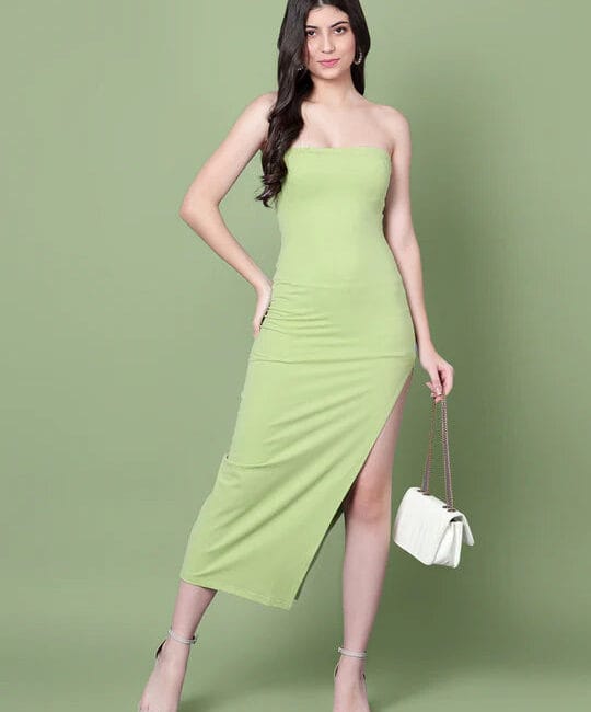 Olive Off-Shoulder Dress with Straight Neckline & Side Slit for Women
