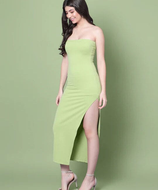 Olive Off-Shoulder Dress with Straight Neckline & Side Slit for Women